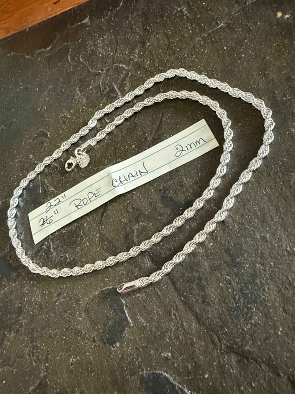 Sterling Silver 22" Twisted Rope Chain Necklace - 2mm. .925 solid Sterling.